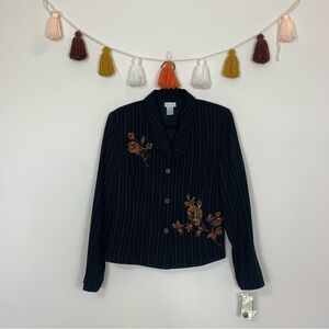 NWT Y2K Betu Embroidered Black Blazer Brown Pinstripe Size 10